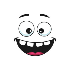 Obraz premium Cartoon face vector icon, happy emoji, laughing facial expression with smiling toothy mouth and wide open eyes. Positive feelings isolated on white background