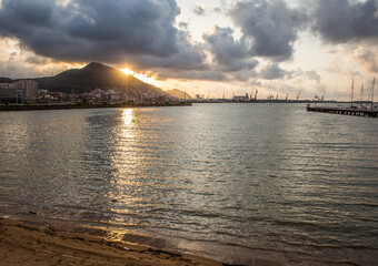 Beautiful sunset over the sea on the beach of Las Arenas in Getxo