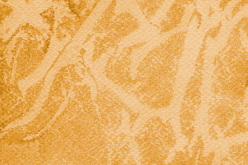 Orange crumpled watercolor texture with paint leaks, abstract washes and brush strokes on the white paper background. Chaotic abstract organic design	