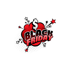 Comics bubble for black friday shopping isolated vector icon. Cartoon pop art retro sound cloud blast explosion with stars and dollar. Boom bang half tone sign