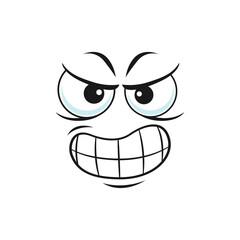 Angry smiley isolated wicked emoticon with toothed smile. Vector grumpy sullen emoji, ireful or rageful smiley facial expression. Wrathy sad emoticon with unkind vicious smile, bad character