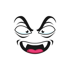 Smiley Halloween demon, cheerful spooky creature head isolated icon. Vector angry emoticon vampire with fangs teeth and open mouth. Emoji cute comic dracula, monster with emotion of evil and fear