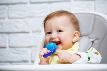 A small child sits on a high chair and eats fruits through the net. Nibbler for feeding babies
