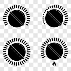 Black cooking stove heat knobs icon set. Kitchen gas dial symbol. Isolated vector illustration on transparent background.