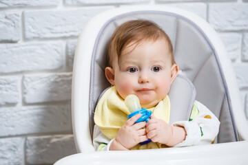 A small child sits on a high chair and eats fruits through the net. Nibbler for feeding babies