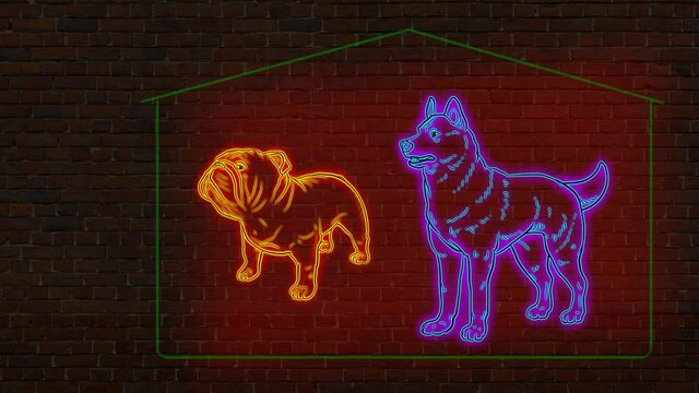 Animation, neon bright light. Image in the cartoon style of dogs.