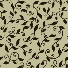 seamless floral pattern of shoots with leaves and curls, dark brown on a beige background