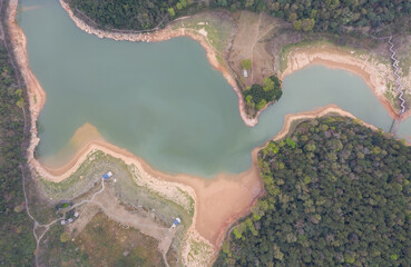 Aerial photography reservoir island and deep forest landscape top view