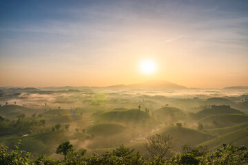 Sunrise in Tea hills in Long Coc highland, Phu Tho province in Vietnam