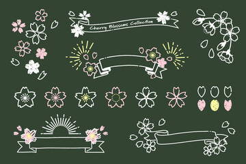 手描き風のシンプルな桜アイコンとリボン素材（黒板） © tukinoto