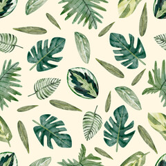 Watercolor seamless pattern with green leaves