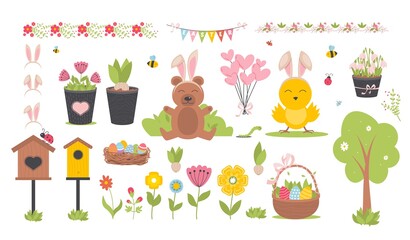 Easter spring set with cute animals, birds, bees, butterflies.