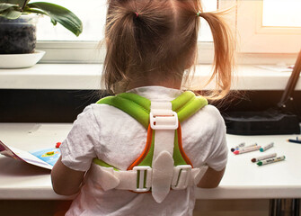 A child a little preschooler girl sits at a table in a corrective corset to correct the spine...