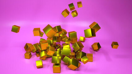 golden cubes are scattered on a purple background. 3d render illustration