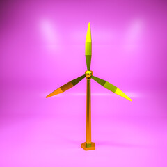 three-dimensional low poly model of a golden wind generator on a purple background. 3d render illustration