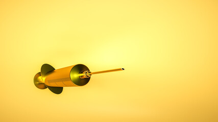 three-dimensional model of a golden disposable syringe on a yellow background. 3d render illustration