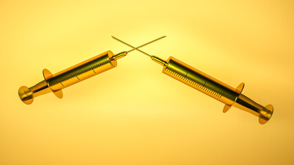 three-dimensional model of a golden disposable syringe on a yellow background. 3d render illustration