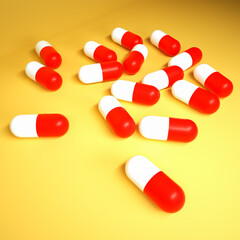 red-white pills on a yellow-orange background. 3d render illustration