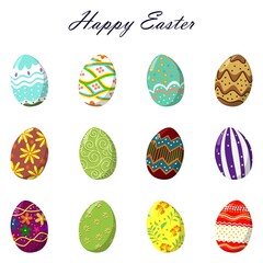 Happy Easter. Set of colorful decorated Easter eggs with different texture, pattern. Spring holiday. Happy Easter eggs. Cartoon flat style. Vector illustration.