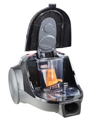 Naklejka premium Vacuum cleaner unfolded isolated on a white background.Care and cleaning of the trash and dust container in a vacuum cleaner.