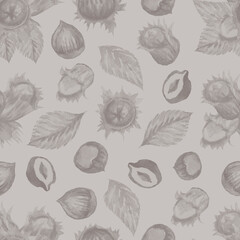 Hazelnuts. Hand drawn watercolor illustration. Healthy food natural products vitamins. Sketch print textile seamless patern set
