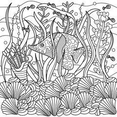 Coloring book for adults , Underwater. Marine vector motif . Doodles of the underwater world, sea, ocean, river . Fish, shells and corals, seaweed and waves. Aquariums