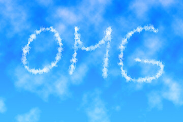 Text OMG written in sky. Letters made of clouds or contrails. Ecology message and save environment concept.