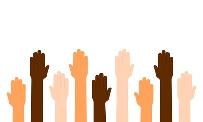 Obraz premium Diverse people hands, male, female, multicultural group, multi ethnic team, cultural diversity concept. Men, women raise arms, celebration, friendship, vote. Vector on isolated background. EPS 10