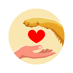 Human hand, heart and paw of a dog. The concept of animal care, pet supplies, training and handling. Vector stock illustration. 