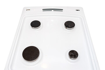 Dirty gas stove without an iron frame, isolated on a white background.