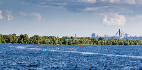 Fototapeta na wymiar Kayaking on the river in clear weather