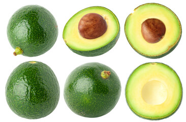 Isolated avocado. Collection of different avocado shapes isolated on white background with clipping path
