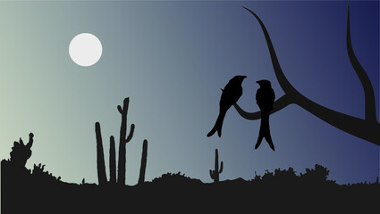 Birds couple sitting in the tree and enjoying moon light night. Vector illustration of natural scenery.