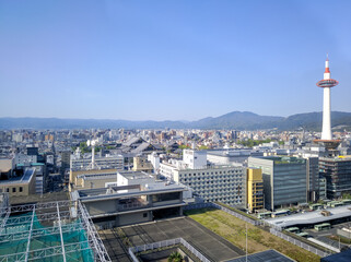 KYOTO, JAPAN - APRIL 5, 2018: View of the city of Kyoto from above, Japan. Low-rise buildings and...