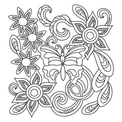 Coloring book.Spring or summer hand-drawn doodle background . Flowers and butterflies.