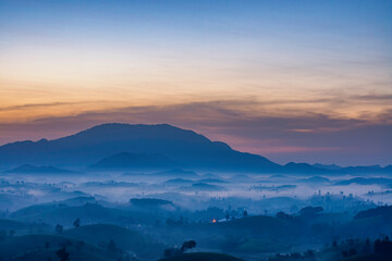 Sunrise in Tea hills in Long Coc highland, Phu Tho province in Vietnam