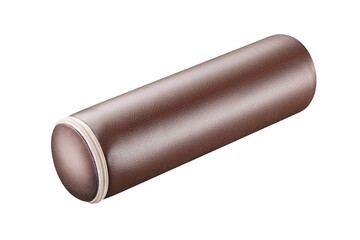 Brown stylish pillow, roller, leather manicure hand holder with zipper in the shape of a cylinder. Tube. Isolated on a white background. Close-up. Side view