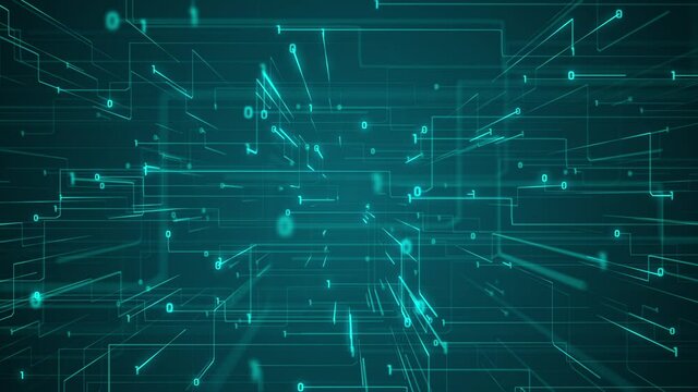 Abstract tech 3D circuit board styled background with fast moving digital data transfer and binary code ones and zeros. This modern technology motion background is a seamless loop.