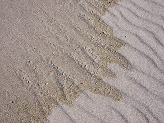 Fototapeta na wymiar Wave wet and dry sand converge on an empty beach on New Jersey's Island Beach State Park