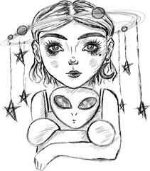 Cosmic girl sketch portrait - Cute little girl with alien toy