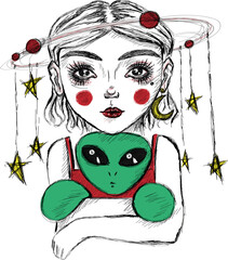 Cosmic girl sketch portrait - Cute little girl with alien toy