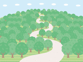 緑の木がたくさん生えているシンプルな山の背景イラスト