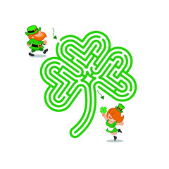 Abstract maze shamrock. St.Patrick's Day. Help the leprechaun find clover. Game for children and parents. Puzzle for kids. Labyrinth conundrum. Flat vector illustration. Cartoon style.
