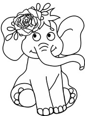 Elephant with rose. Baby Elephant with flower. Elephant with flower on Head. Linear illustration with elephant.