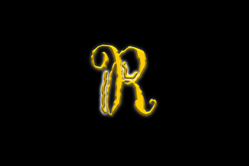Letter R typed with a royal font in yellow having white outer glow with black background.