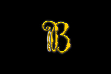 Fototapeta premium Letter B typed with a royal font in yellow having white outer glow with black background.