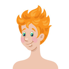 Portrait of a beautiful young girl with red short hair. In cartoon style. Isolated on white background. Vector flat illustration