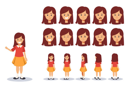 Vector illustration set of children girl wear casual clothing character in various action. emotion expression. Front, side, back view animated character.