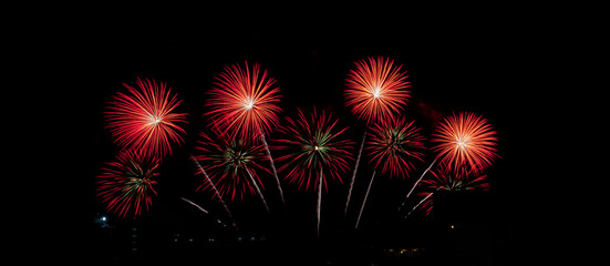 Fireworks with different color and pattern for celebration in various event including new year, party, ceremony, birthday or other show and display on night dark sky background.