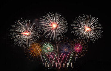 Fireworks with different color and pattern for celebration in various event including new year, party, ceremony, birthday or other show and display on night dark sky background.